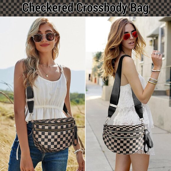 Checkered Nylon Crossbody Bag for Women Large Fanny Pack with Multiple Compartme - Picture 6 of 6